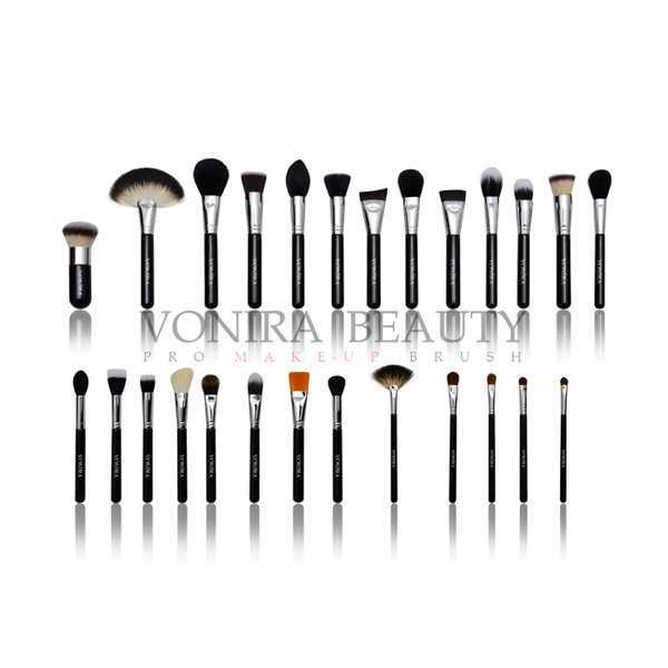 High Level 53PCs Full Line Natural Hair Makeup Cosmetic Brushes with Silver Brass Ferrule & Glossy Black Wooden Handle