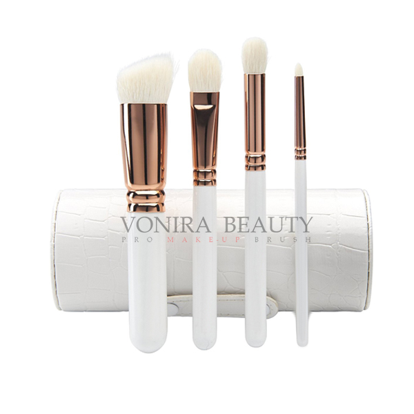 4Pcs Natural Goat Hair Makeup Brushes With Holder, Travel Brush Collection White Wood Handle